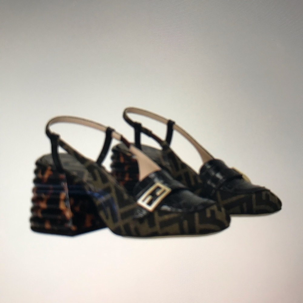 Fendi promenade FF motif fabric and croc-embossed leather slingback pump - Picture 3 of 10